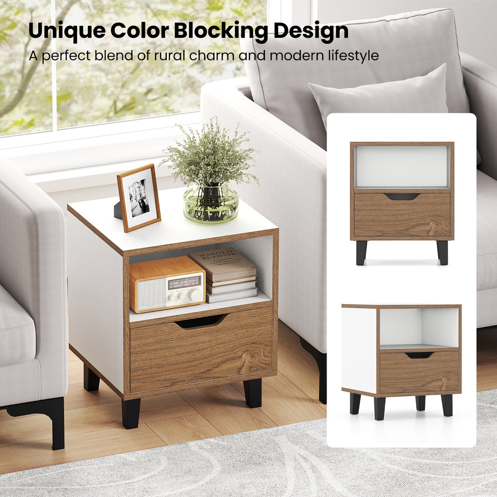 Nightstand set of 2 in white with wood drawer, featuring open storage shelf, ideal for bedroom or living room use.