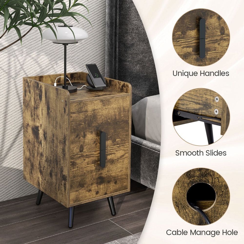 Rustic brown nightstand featuring two drawers, USB ports, and cable management hole for versatile bedside use.