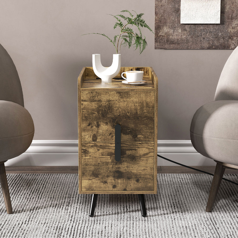 Rustic brown nightstand with 2 drawers, USB ports, and sturdy metal feet, perfect for bedside or side table use.
