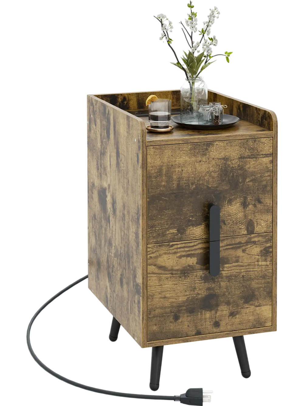 Rustic brown nightstand with 2 drawers, 2 USB ports, and a spacious tabletop, ideal for bedside or side table use.