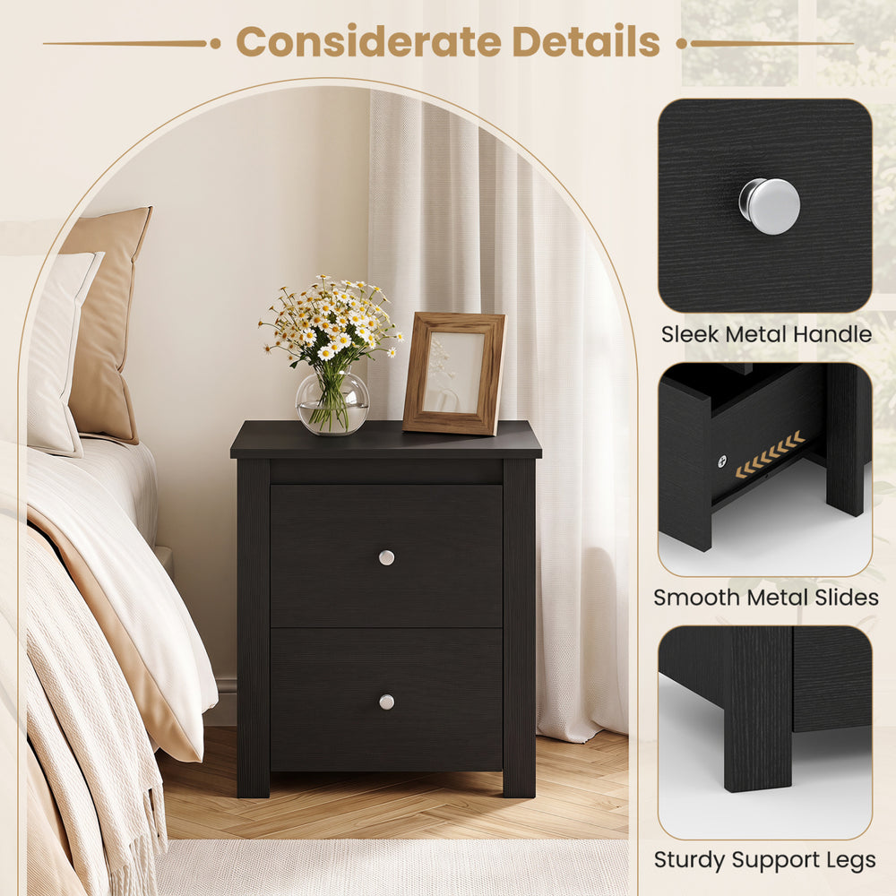 Black nightstand with two drawers, sleek metal handle, and sturdy support legs, perfect for bedroom or living room storage.