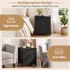 Black nightstand with two drawers, ideal for bedroom or living room, featuring a wide tabletop and sturdy support legs.