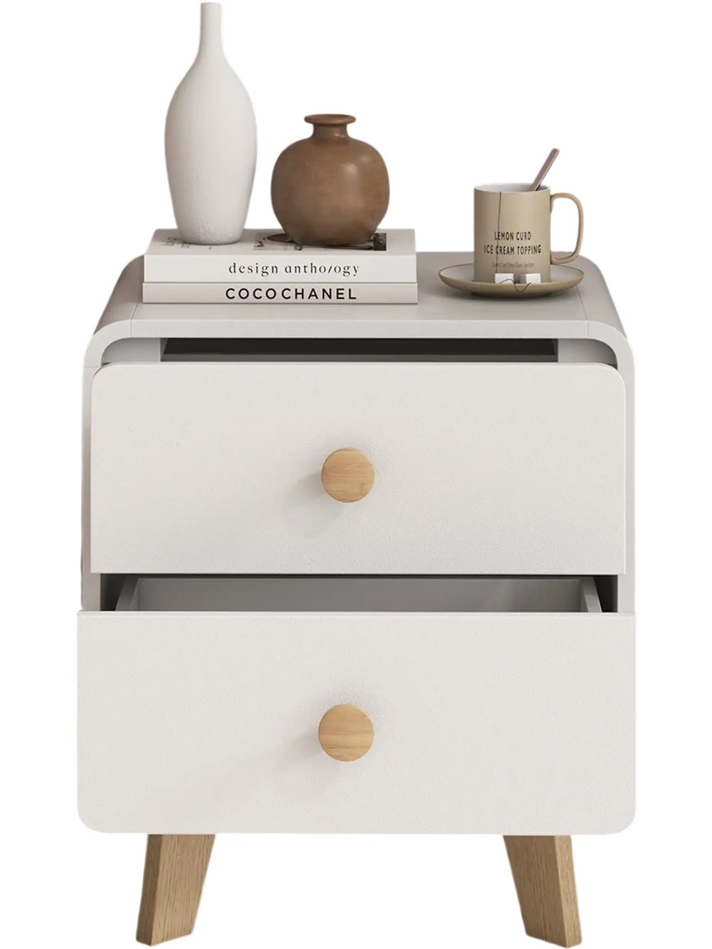 White nightstand with two drawers and solid rubber wood legs, featuring mid-century design for stylish bedroom storage.