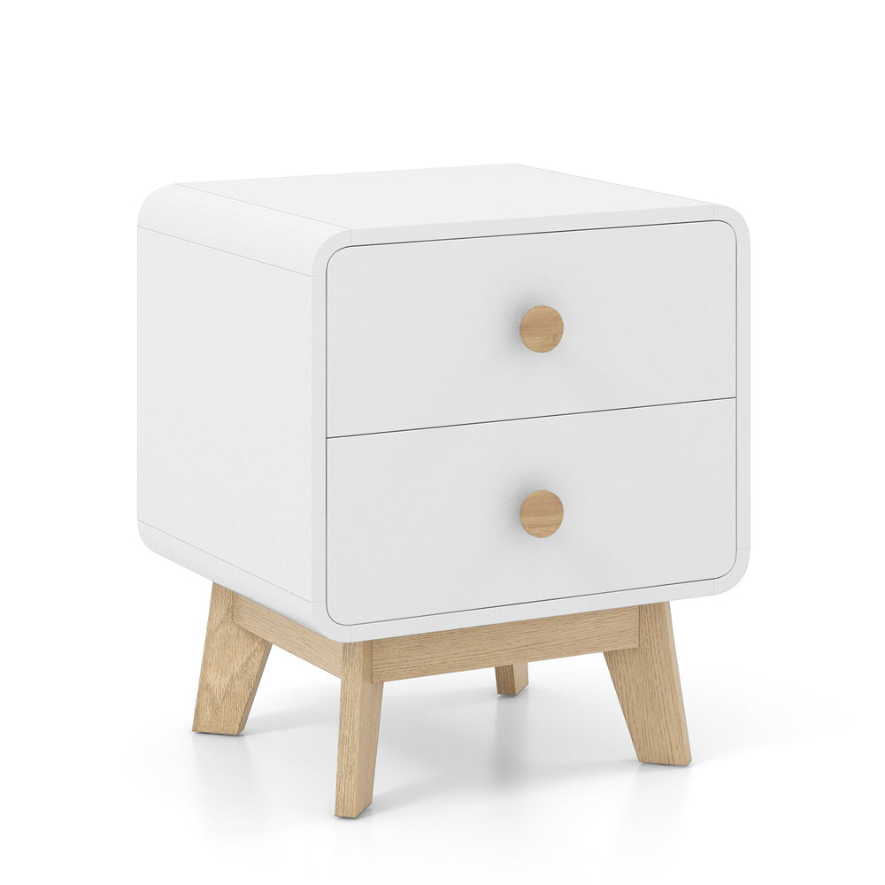 White nightstand with two drawers and solid rubber wood legs, featuring mid-century design for versatile home style.