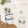 White nightstand with two drawers, solid rubber wood legs, and safe round edges for stylish storage and display.