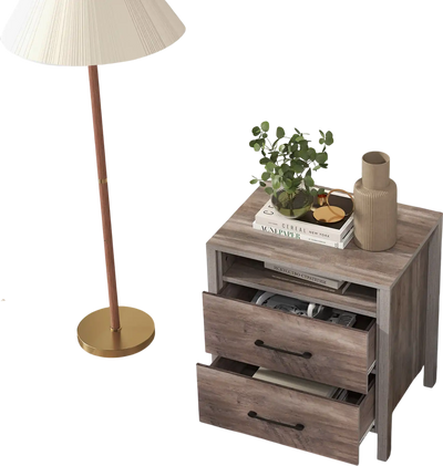 Costway Farmhouse Nightstand Bedside Table 2 Drawers Open Shelf Grey 79462518 New