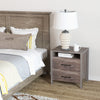Nightstand with 2 drawers and open shelf in grey, featuring smooth metal slides and a sleek, waterproof surface for.