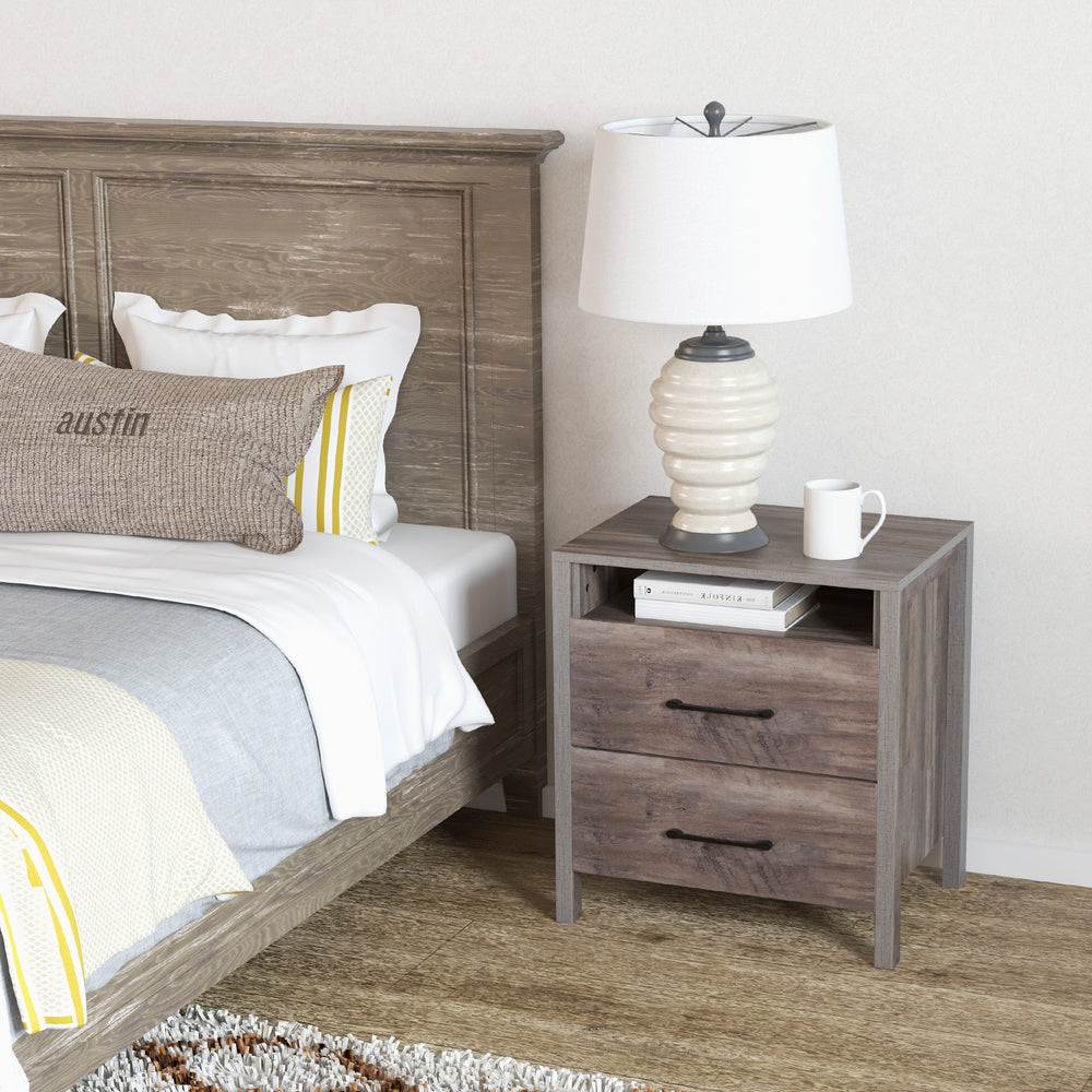 Nightstand with 2 drawers and open shelf in grey, featuring smooth metal slides and a sleek, waterproof surface for.