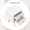 White nightstand with two drawers, solid rubber wood legs, dimensions 18.5" x 21.5" x 16", ideal for mid-century decor.