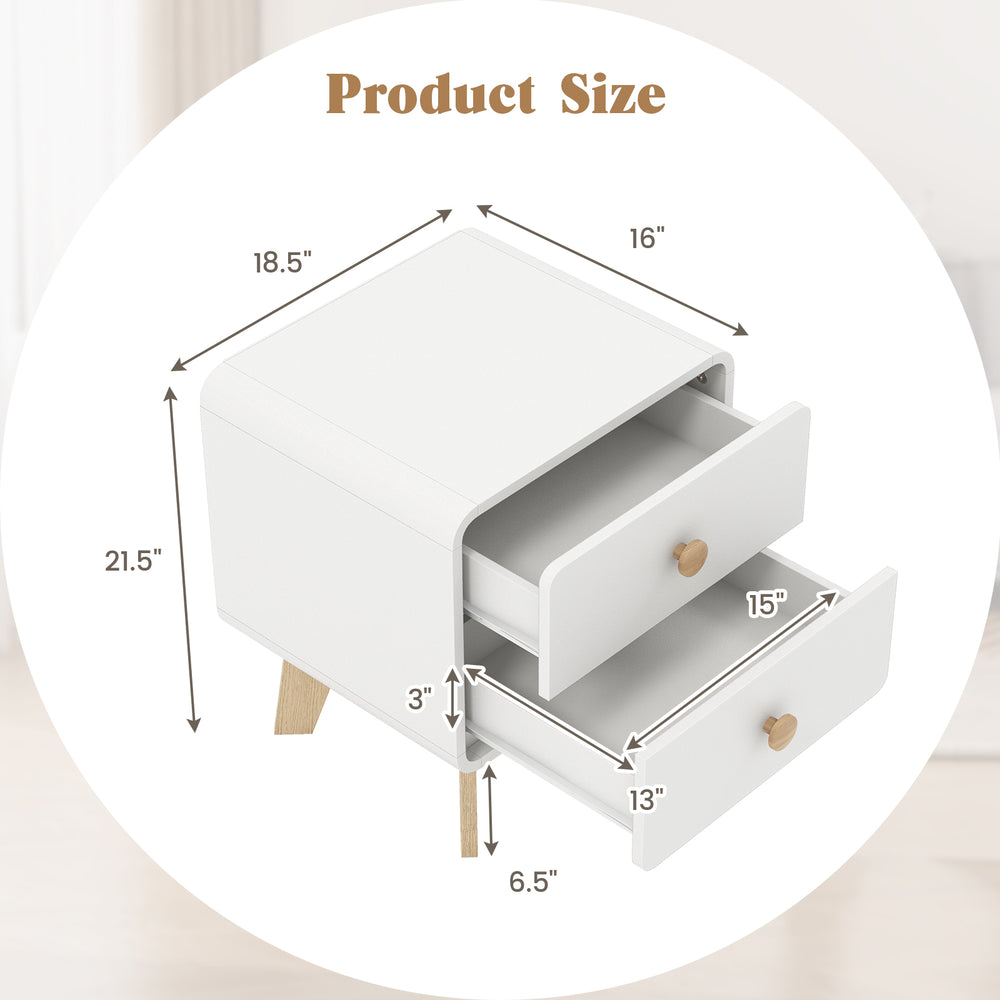 White nightstand with two drawers, solid rubber wood legs, dimensions 18.5" x 21.5" x 16", ideal for mid-century decor.