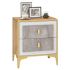 Nightstand with elegant marble motifs, two pull-out drawers, and sturdy metal legs, perfect for bedroom or living room.