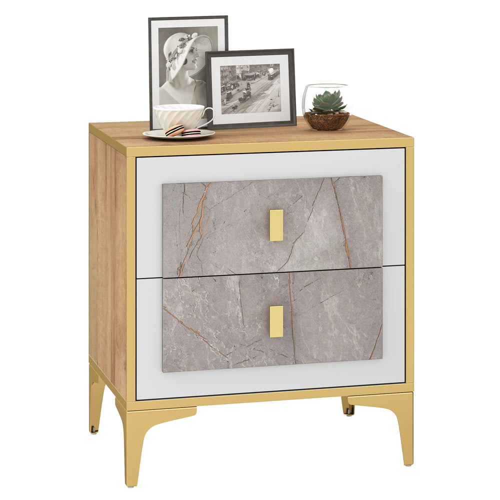 Nightstand with elegant marble motifs, two pull-out drawers, and sturdy metal legs, perfect for bedroom or living room.