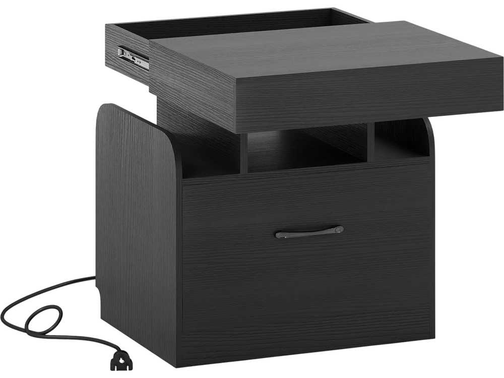 Black nightstand with charging station, sliding top storage, and pull-out drawer for organized bedside essentials.