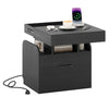 Modern black nightstand with charging station, sliding top storage, and pull-out drawer for organized bedroom or office.