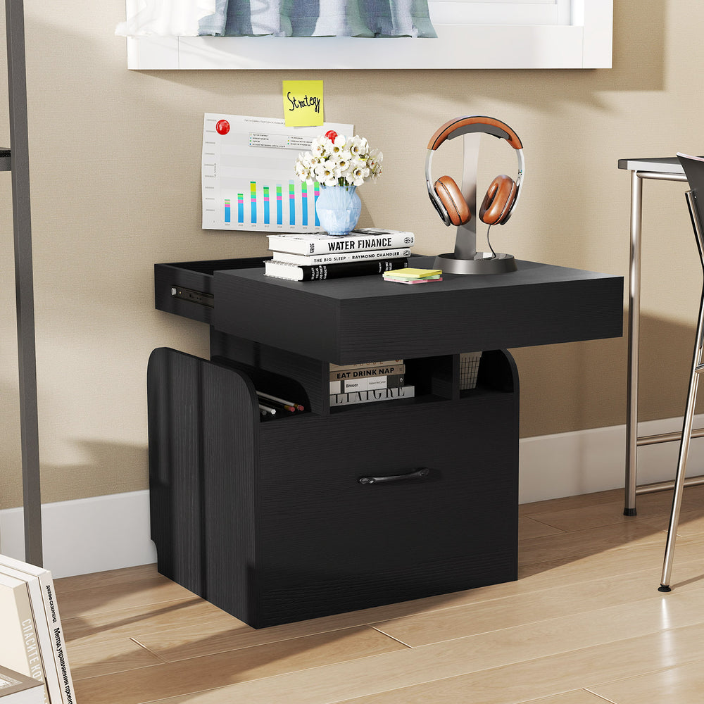 Modern black nightstand with charging station, sliding top storage, and open compartments for organized bedroom or.