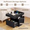Modern black nightstand with charging station, featuring hidden drawer, open compartments, and spacious top for storage.