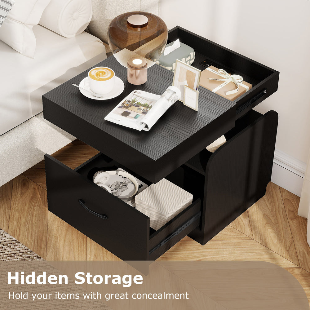 Modern black nightstand with sliding top storage, built-in charging station, and hidden drawer for organized bedside.