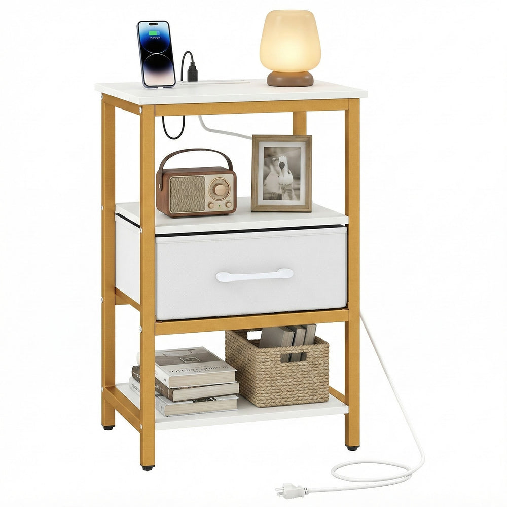 Nightstand with charging station, adjustable fabric drawer, and open shelves in white and gold for bedroom or living.