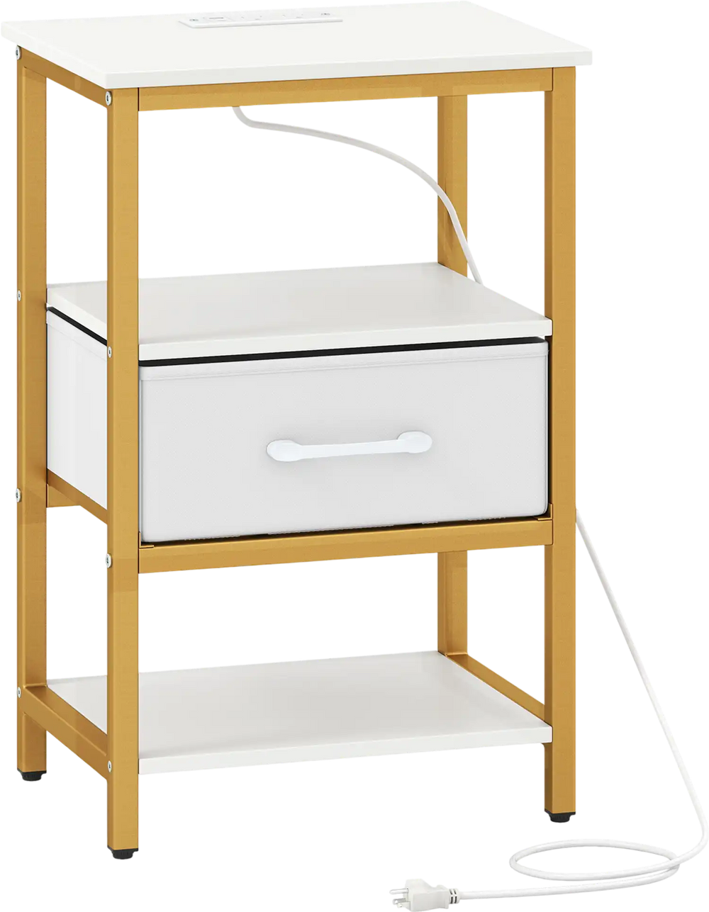 Nightstand with charging station, white and gold, featuring adjustable fabric drawer and open shelves for bedroom or.