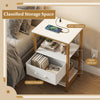 Nightstand with charging station, white and gold design, featuring open shelves and adjustable fabric drawer for.