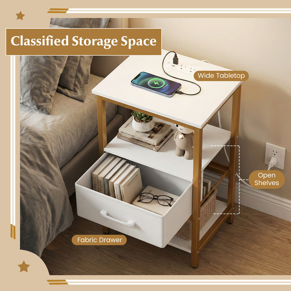 Nightstand with charging station, white and gold design, featuring open shelves and adjustable fabric drawer for.