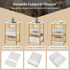 Nightstand with adjustable fabric drawer in white and gold, featuring a charging station and open storage shelves for.