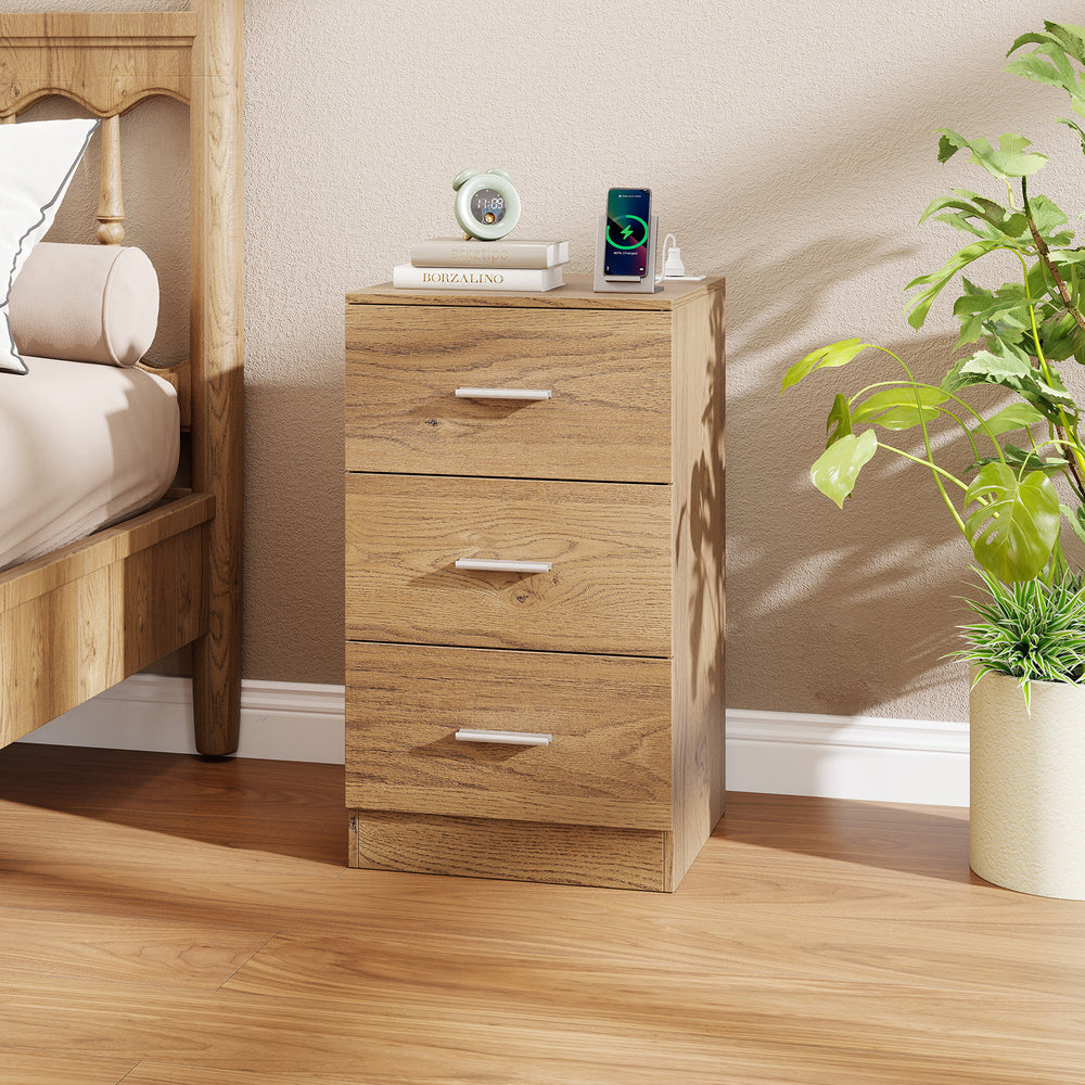 Natural wood nightstand with three storage drawers and built-in charging station for bedroom organization.
