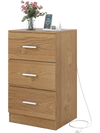 Nightstand with three storage drawers in natural wood finish, featuring a built-in charging station for convenience.