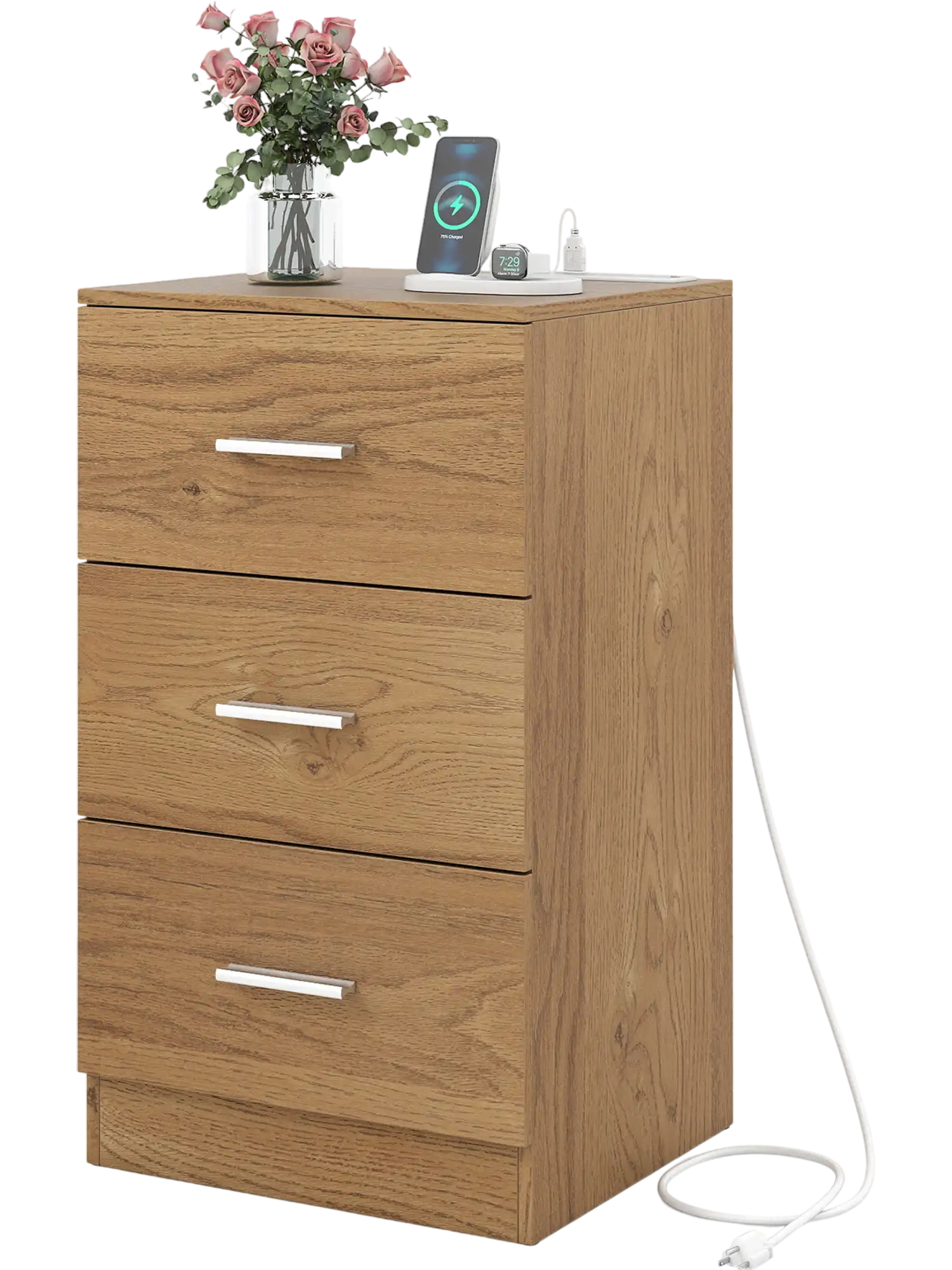 Costway Nightstand End Table w/ Charging Station 3 Drawers 77267951 New
