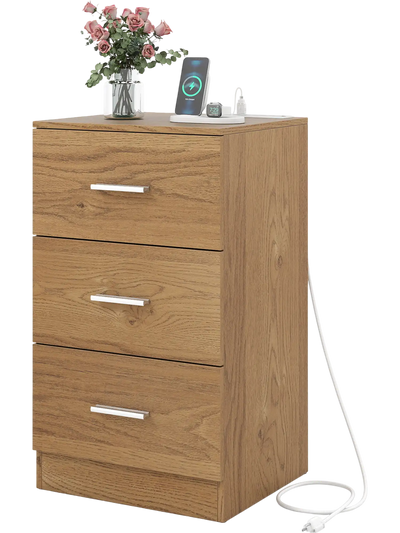 Costway Nightstand End Table w/ Charging Station 3 Drawers 77267951 New
