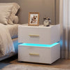 White nightstand with LED light strip, two storage drawers, and charging station for modern bedroom convenience.