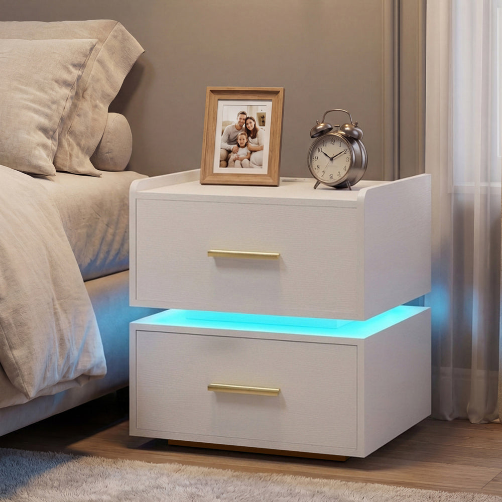 Nightstand with Charging Station LED Bedside Table with 2 Storage Drawers-White - Gallery View 1 of 10