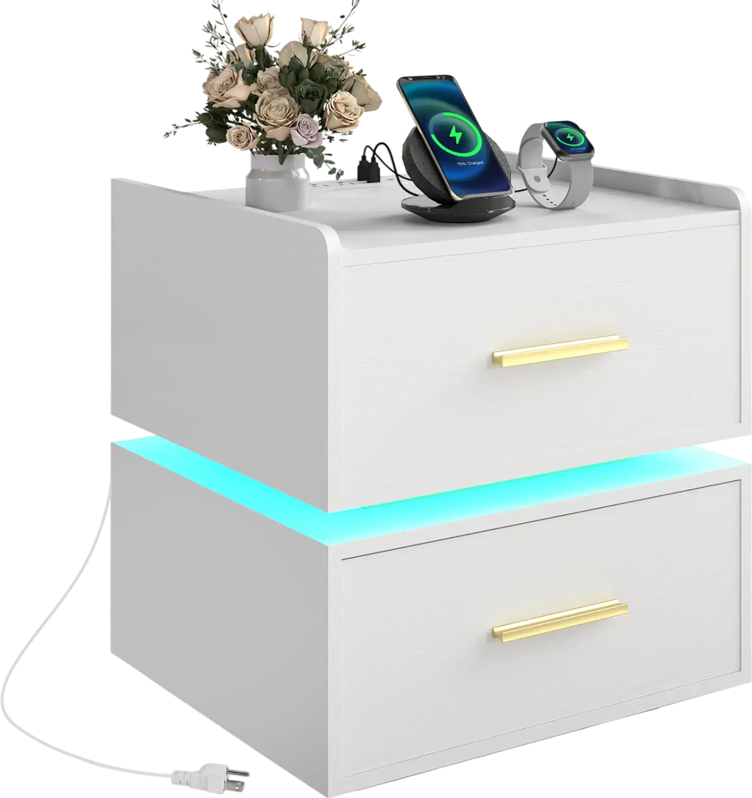 Costway LED Nightstand with Charging Station 2-Drawer Bedside Table 14413568 New
