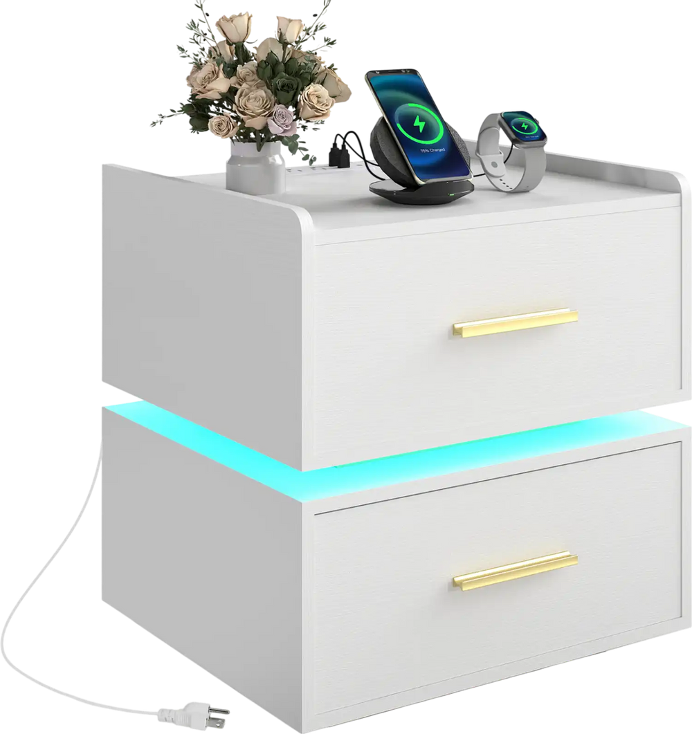 Nightstand with charging station, two storage drawers, and adjustable RGB LED light for modern bedside use.