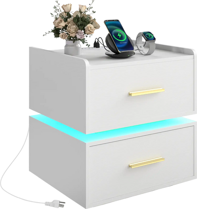 Costway LED Nightstand with Charging Station 2-Drawer Bedside Table 14413568 New