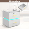 White nightstand with dimensions, featuring two storage drawers and an adjustable RGB LED charging station.