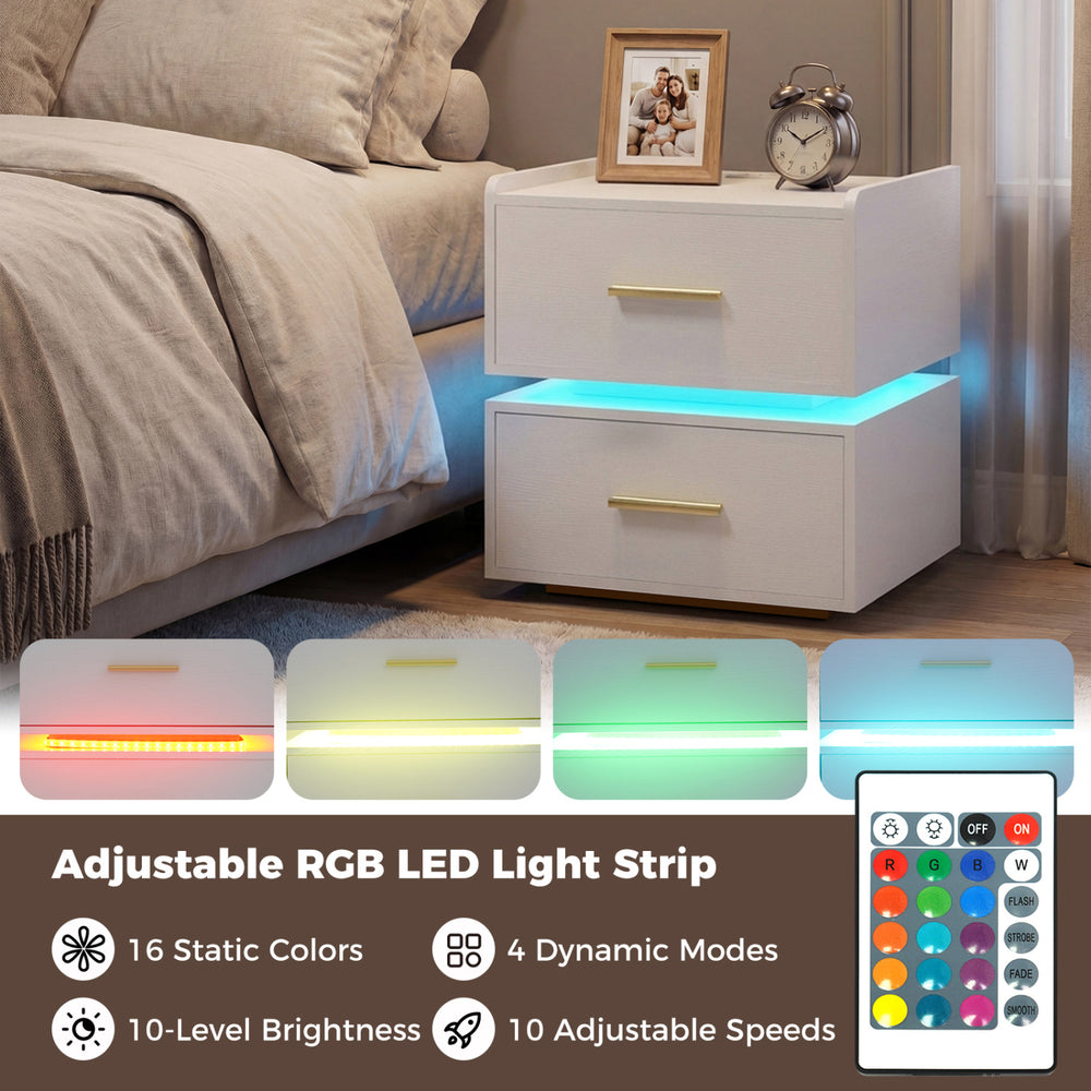 Nightstand with RGB LED light strip, 2 storage drawers, and charging station for a contemporary bedside solution.