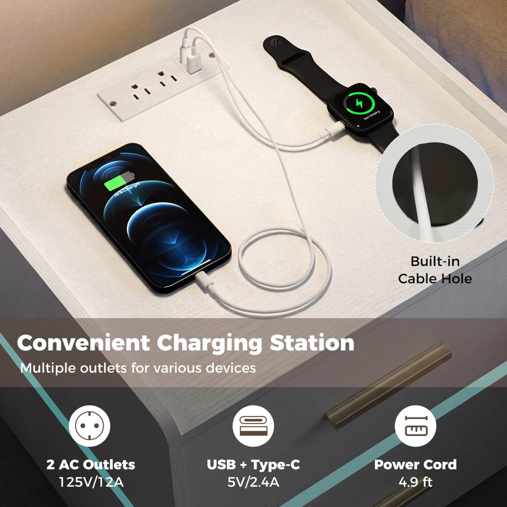 Nightstand with charging station featuring 2 AC outlets and USB ports, ideal for bedside convenience and storage.