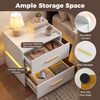 Nightstand with two storage drawers, adjustable RGB LED light, and spacious tabletop for bedside convenience.