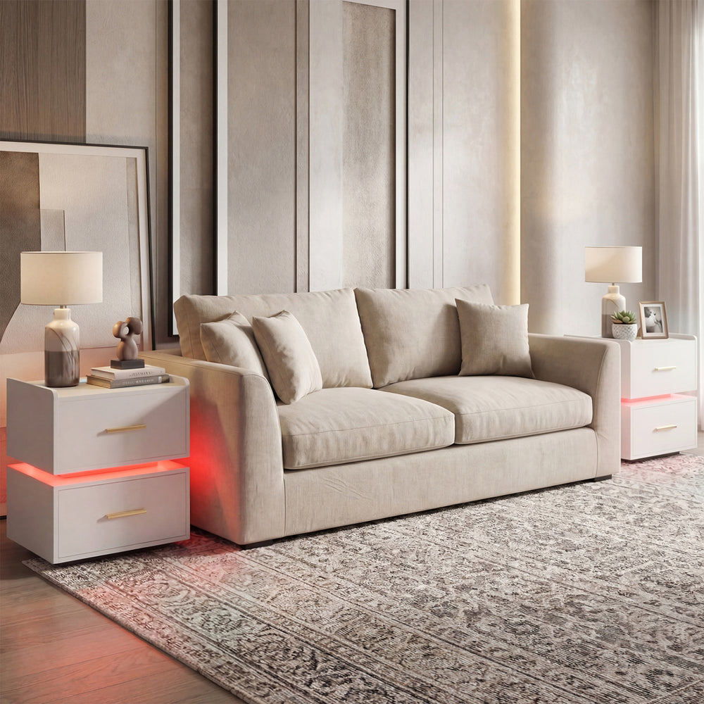 Nightstand with adjustable RGB LED light strip, two storage drawers, and a charging station for modern bedside.