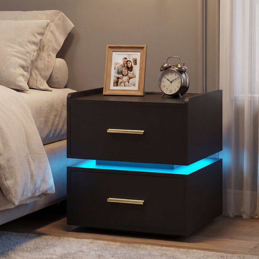Nightstand with Charging Station LED Bedside Table with 2 Storage Drawers-Black - Gallery View 1 of 10