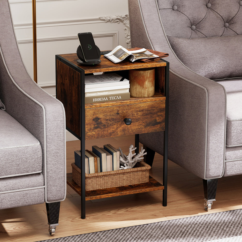 Nightstand with Charging Station Bedside Table with USB Ports and Outlets-Rustic Brown - Gallery View 1 of 10