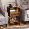 Rustic brown nightstand with charging station, USB ports, and drawer, perfect for bedside or living room organization.