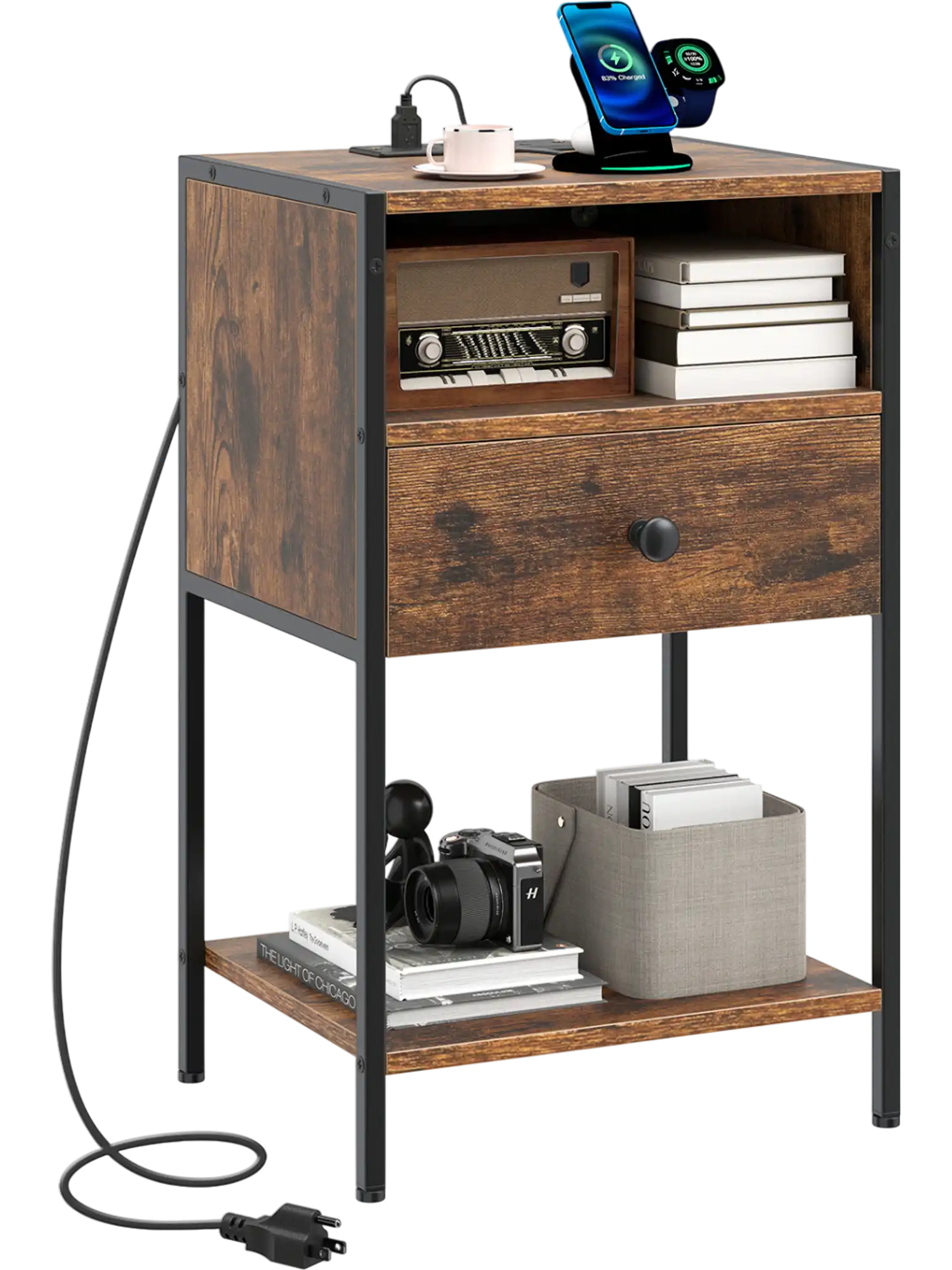 Costway Nightstand Bedside Table Charging Station USB Ports Outlets 33467512 New