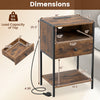 Rustic brown nightstand with charging station, featuring USB ports, drawer, and adjustable foot pads for stability.