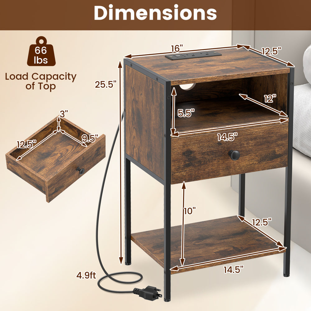 Rustic brown nightstand with charging station, featuring USB ports, drawer, and adjustable foot pads for stability.