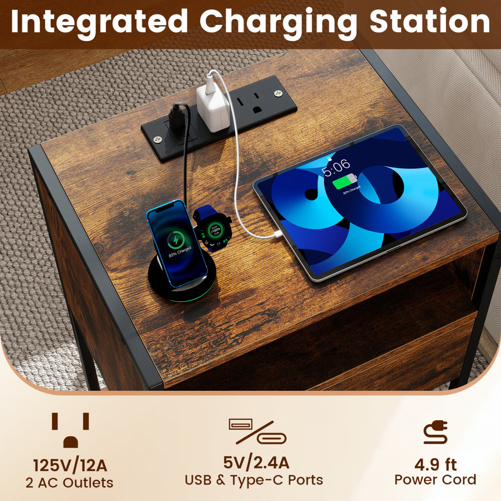 Nightstand with integrated charging station, rustic brown finish, featuring USB ports and AC outlets for convenient.