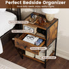 Nightstand with charging station in rustic brown, featuring a spacious tabletop, roomy drawer, and open compartment for.