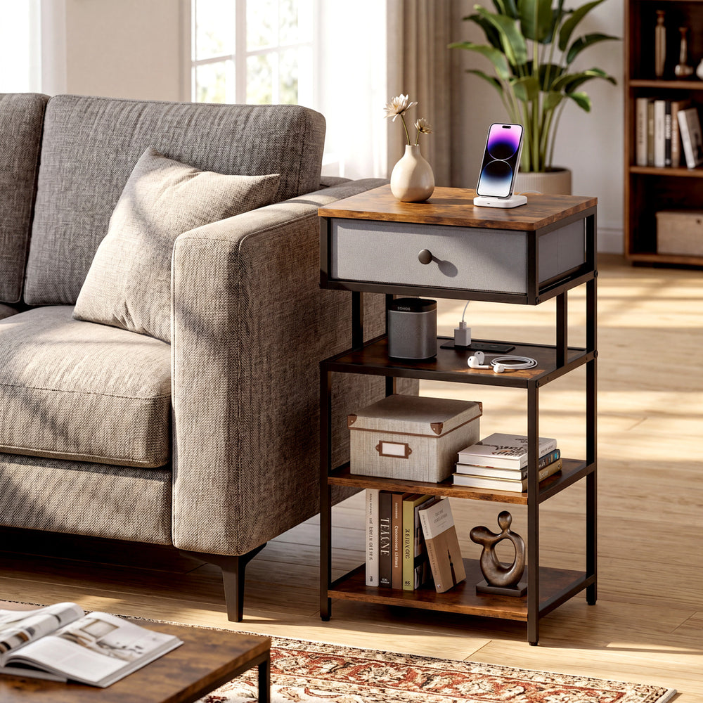 Nightstand with charging station featuring a rustic brown finish, fabric drawer, and open shelves for bedside storage.