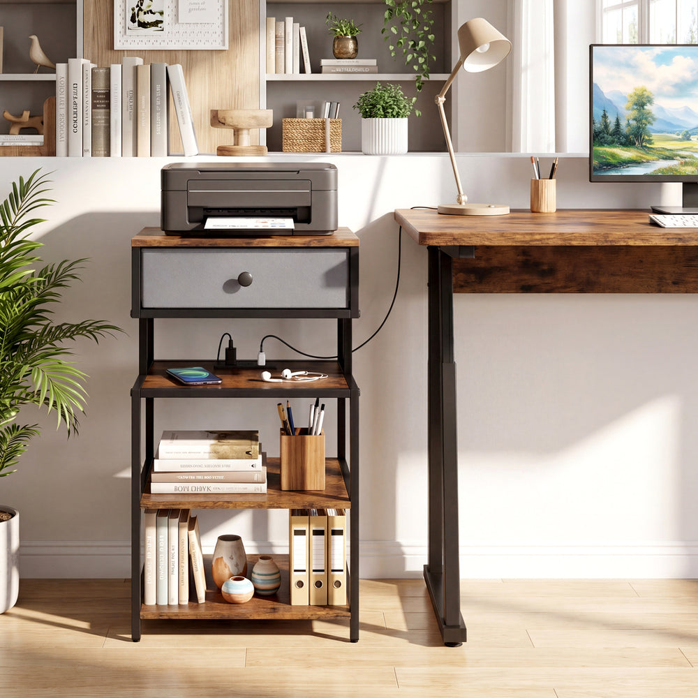 Nightstand with charging station featuring a fabric drawer and rustic brown finish, ideal for bedside use.